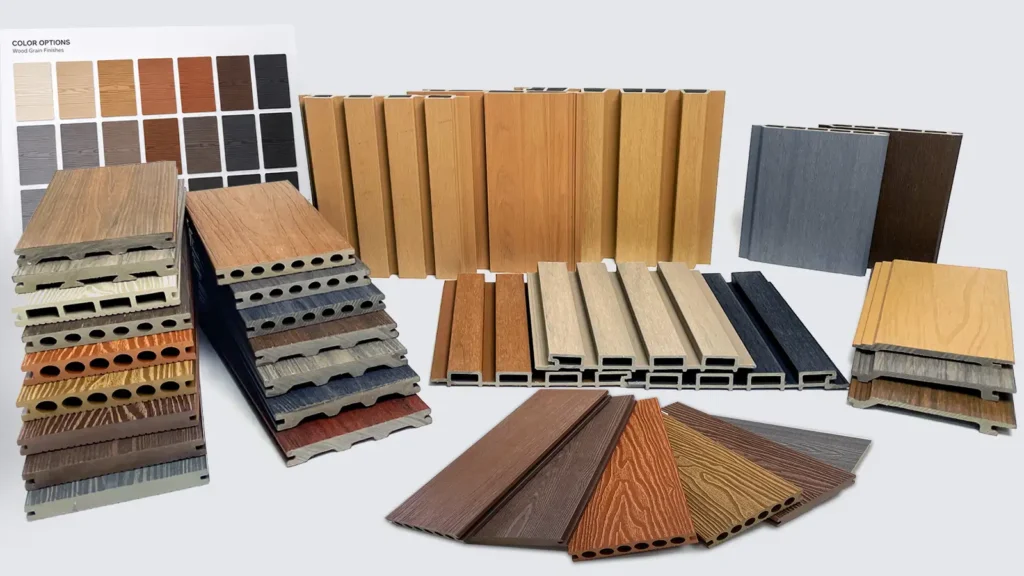 A comprehensive WPC product system exhibiting integrated decking, wall cladding, and fencing solutions from a professional manufacturer for unified commercial projects.