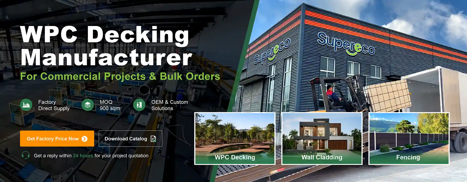 Supereco WPC decking manufacturer and factory direct supply for commercial projects and bulk orders, providing one-stop solutions for composite decking, cladding, and fencing supporting global compliance requirements.