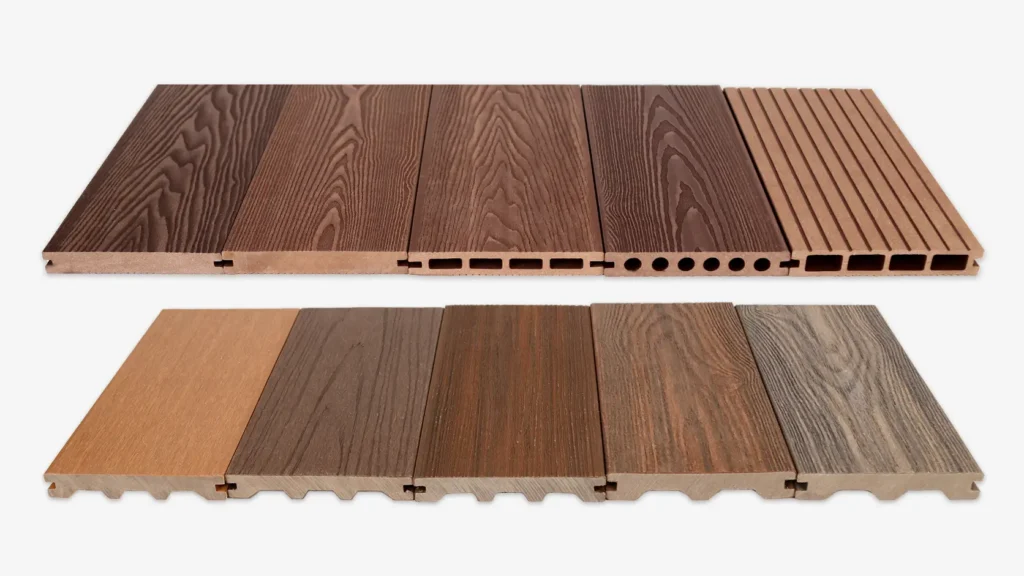 Custom composite decking boards showcasing 3D embossed, co-extrusion, flat Finish, wood grain surface textures.