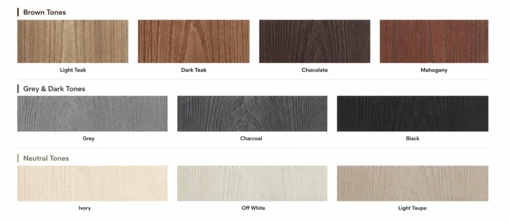Capped composite decking color options including brown, grey and neutral tones for OEM customization