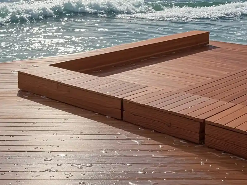 Weather resistant capped composite decking for moisture exposed outdoor environments