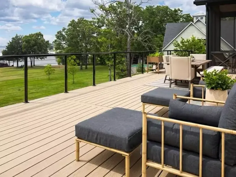 Modern residential community backyard decking supplied direct from a composite decking factory.