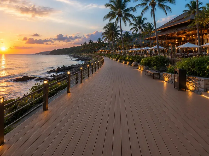 High-durability waterfront boardwalk planks manufactured directly by a professional WPC decking factory.