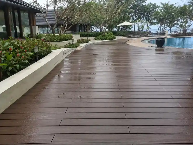 High traffic outdoor areas using durable capped composite decking