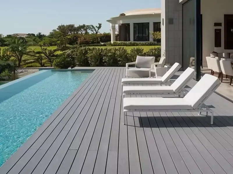 Premium hotel and resort swimming pool deck supplied by a professional composite decking supplier.