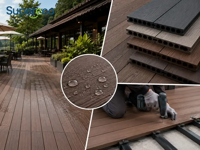 Composite decking boards and outdoor terrace installation for commercial projects
