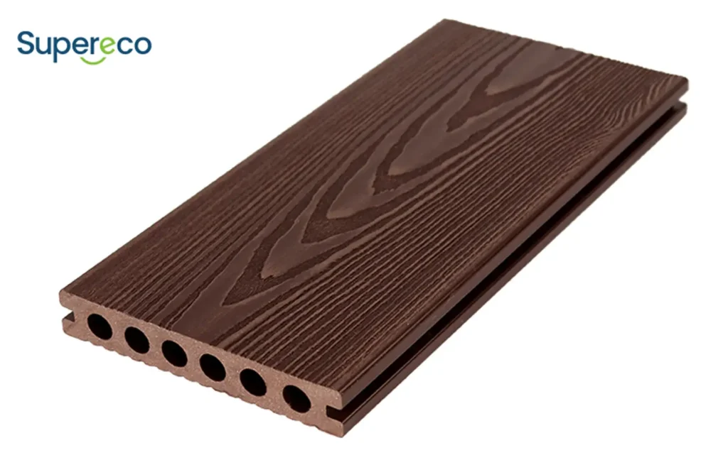 Dark brown circular hollow WPC decking board with 3D embossed wood grain surface