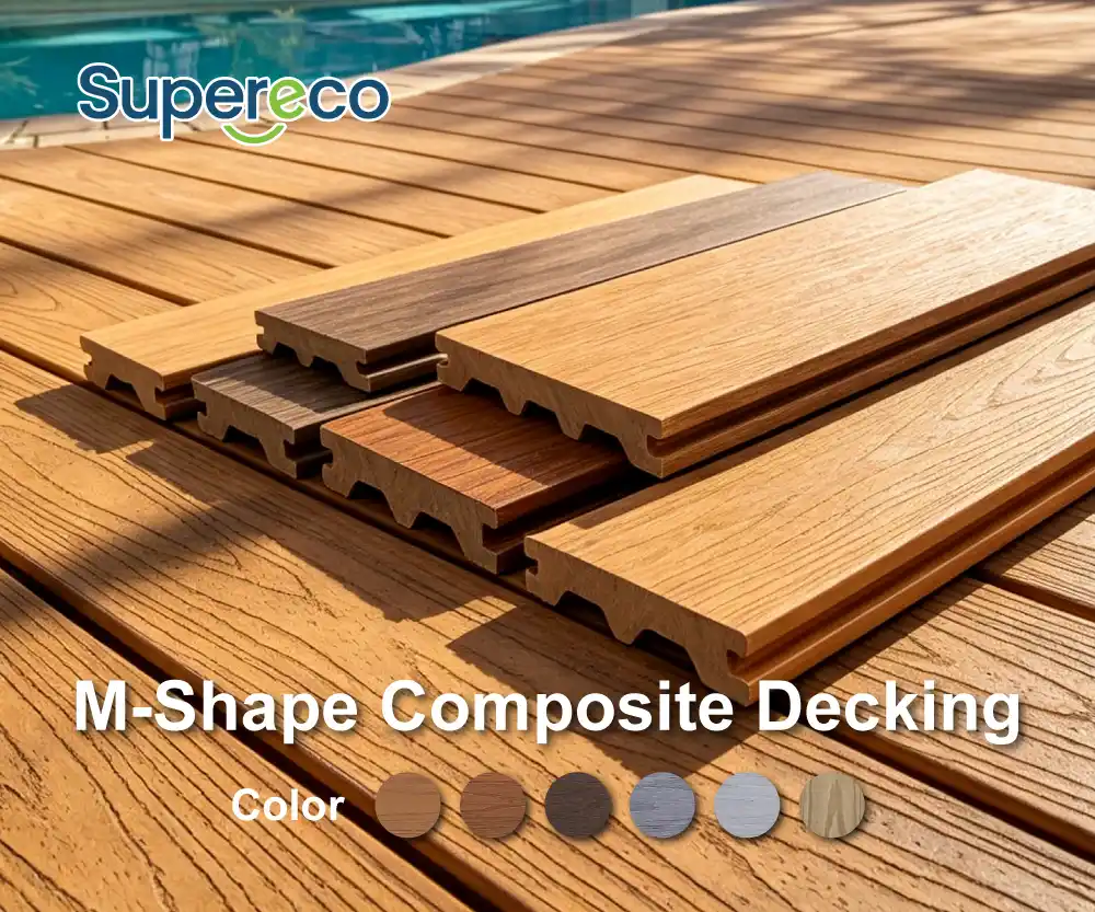 M-shape profile composite decking boards laid on outdoor timber deck substructure