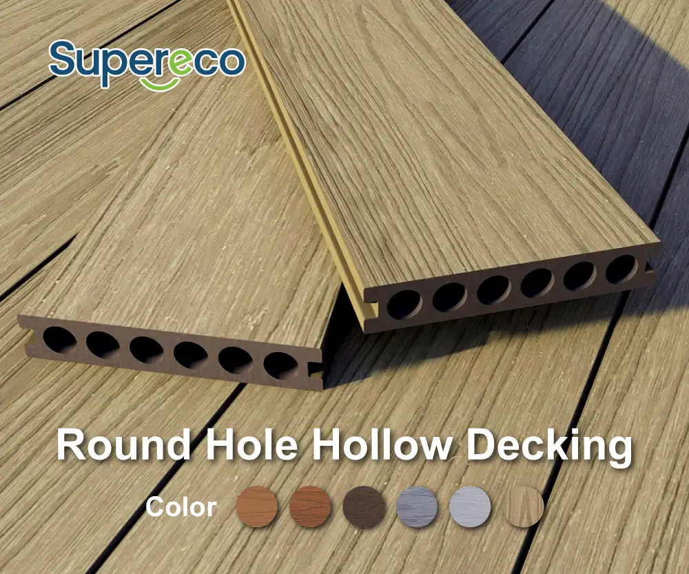 Round hole hollow WPC decking boards with wood grain finish for global wholesale