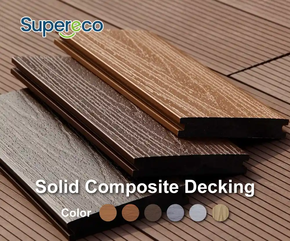 Heavy-duty solid WPC composite decking boards stacked for commercial outdoor projects