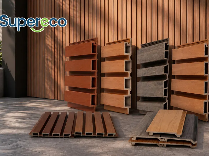 Exterior WPC wall cladding panels with wood-look finish on building facade