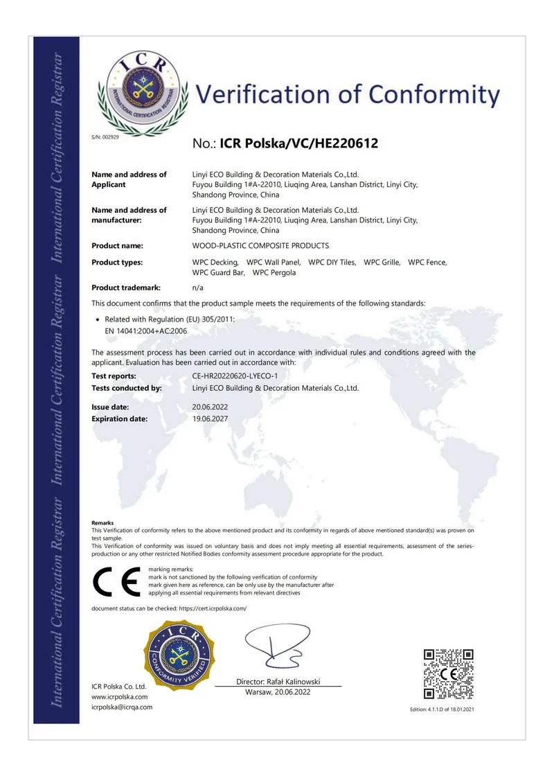 CE Verification of Conformity certificate for wood-plastic composite products