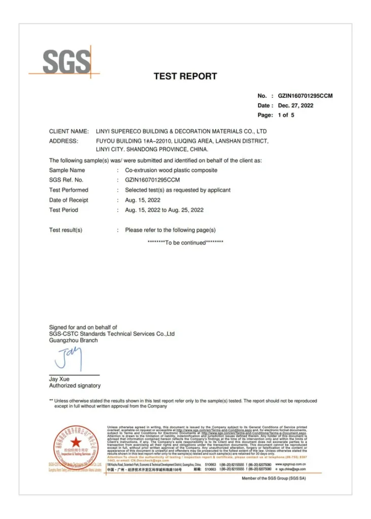 SGS test report for co-extrusion WPC decking performance and quality compliance
