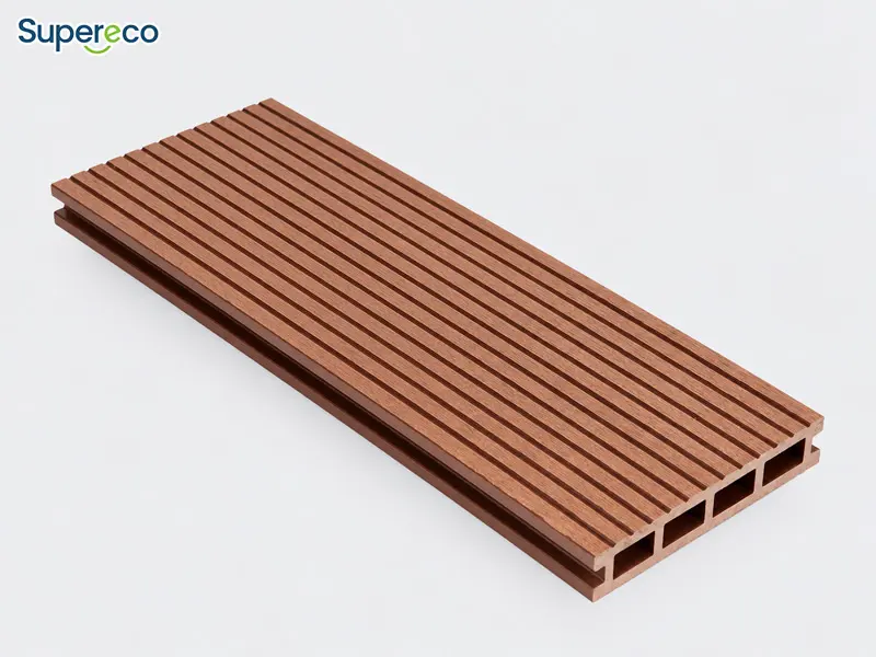 Cedar-colored traditional WPC decking board with a square hollow core and grooved surface