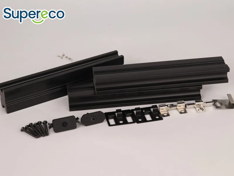 Supereco commercial composite decking installation accessories kit featuring black aluminum joists, hidden deck fasteners, starter clips, and stainless steel screws.