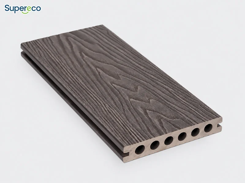 Dark grey traditional WPC decking board with a round hollow core and wood-grain surface