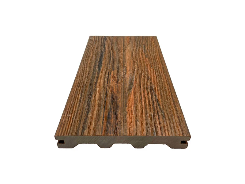 Wood-grain capped composite decking board with an M-shaped underside profile