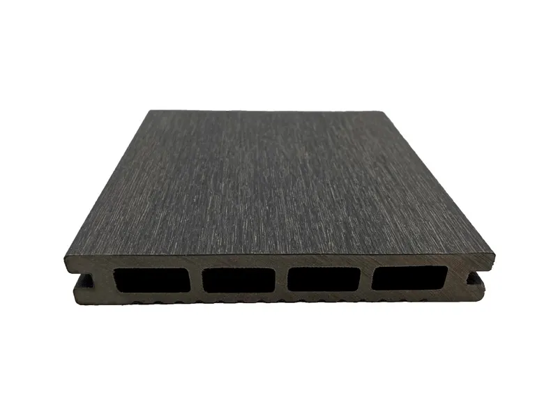 Dark gray capped WPC decking board with rectangular hollow channels