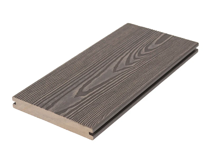 Gray solid traditional composite decking board with an embossed wood-grain surface