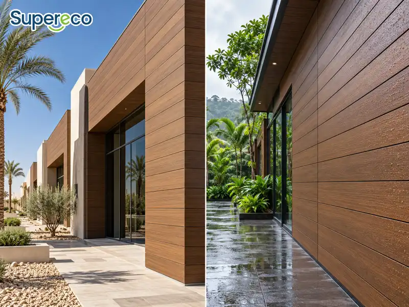 WPC wall cladding in sun-exposed Middle Eastern and rain-soaked Southeast Asian architectural settings