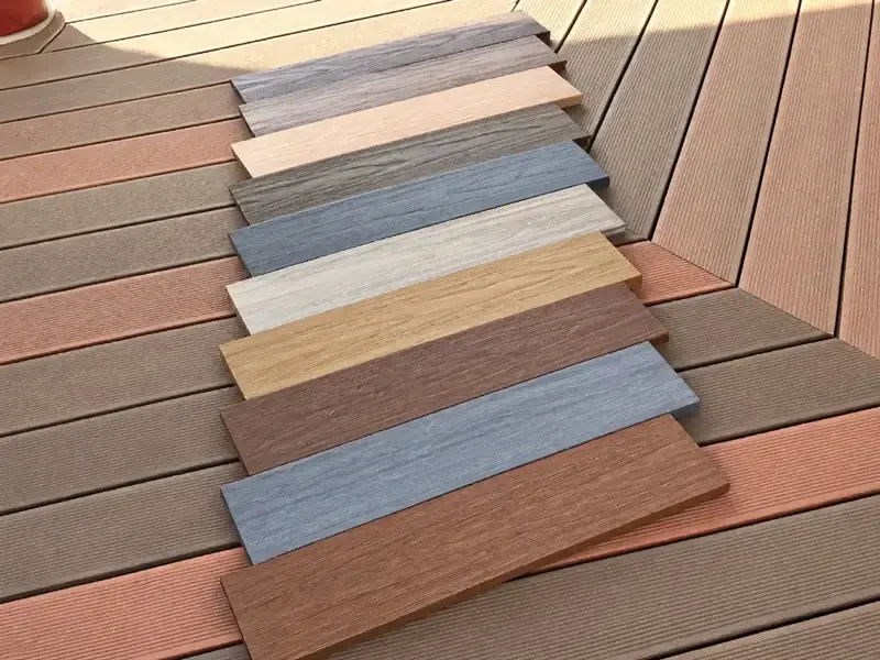 WPC decking color samples in brown, gray, beige and wood-look finishes, and support 40+ standard colors