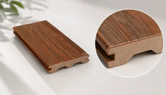Capped composite decking construction showing protective cap layer, WPC core and co-extrusion technology