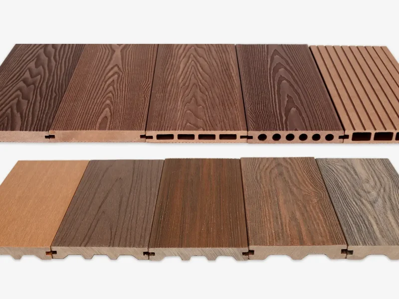 Custom composite decking boards showcasing 3D embossed, co-extrusion, flat Finish, wood grain surface textures.